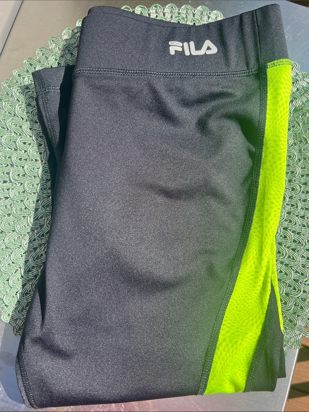 NWOT FILA Running 🏃 Black Leggings with Neon Green Side Panels.